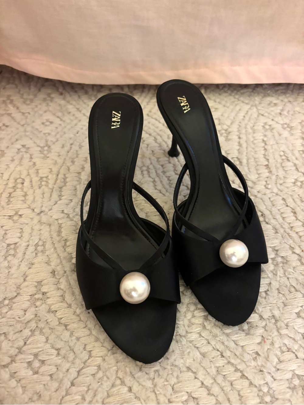 Zara Black Mule Heels with Pearl Accent
